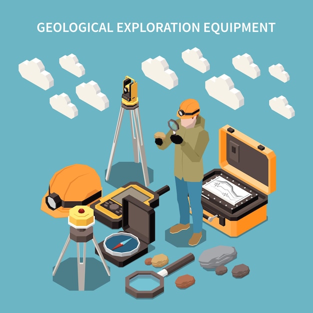 Geologia Izometryczna Koncepcja Eksploracji Ziemi Z Opisem Sprzętu Do Eksploracji Geologicznej Oraz Różnymi Narzędziami I Elementami Do Ilustracji Wektorowych Pracy