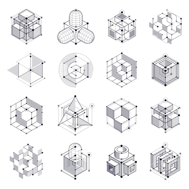 Geometryczna technologia wektor zestaw czarno-białych rysunków, tapeta techniczna 3D. Ilustracja systemu inżynieryjnego, abstrakcyjne tło technologiczne. Streszczenie zaplecze techniczne.