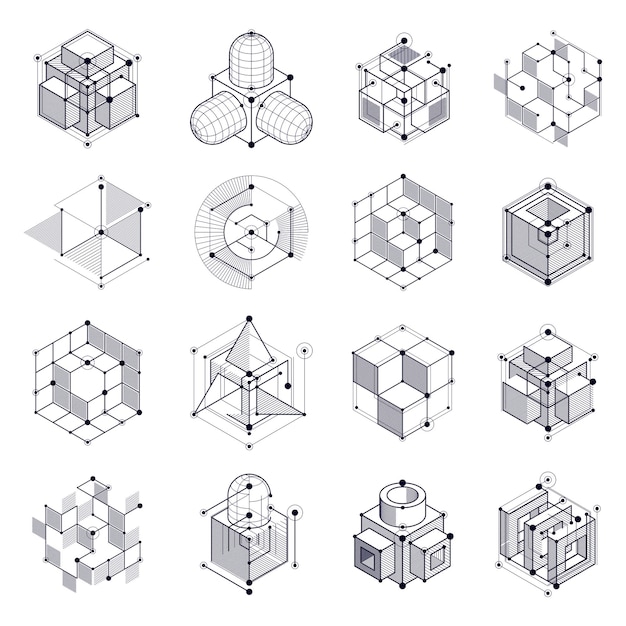 Geometryczna Technologia Wektor Zestaw Czarno-białych Rysunków, Tapeta Techniczna 3d. Ilustracja Systemu Inżynieryjnego, Abstrakcyjne Tło Technologiczne. Streszczenie Zaplecze Techniczne.