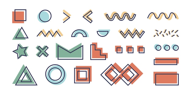 Geometryczne elementy w stylu retro w stylu Memphis zestaw izolowanych ikon do tworzenia kolażu w stylu vintage