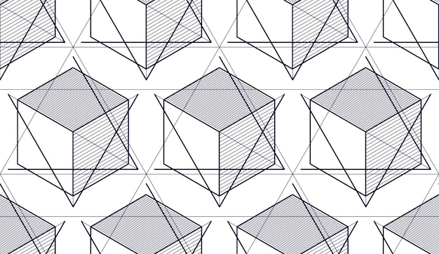 Geometryczne linie 3d streszczenie wzór, tło wektor. Technologia styl inżynierii rysowania linii niekończących się ilustracji. Jednokolorowy, czarno-biały. Nadaje się do tkanin, tapet, opakowań,