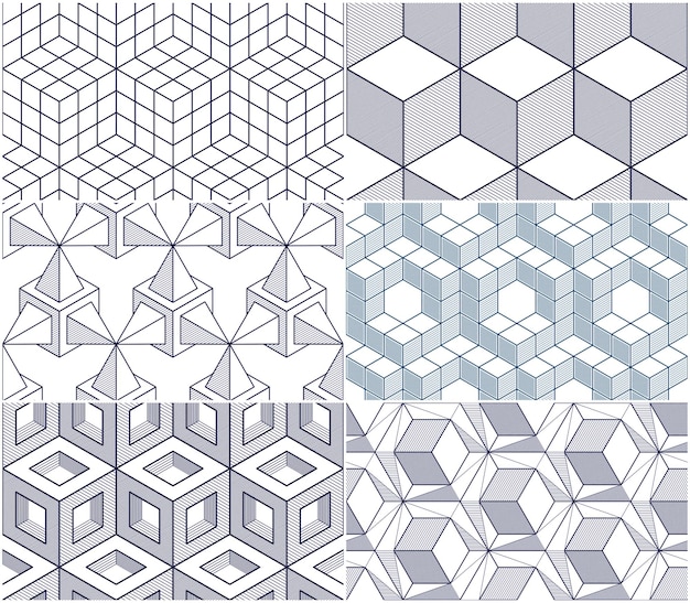 Geometryczne linie streszczenie bezszwowe wzory zestaw, 3d wektor tła kostki kolekcja. Technologia styl inżynierii rysowania linii niekończących się ilustracji. Nadaje się do tkanin, tapet, opakowań. Pojedynczy c