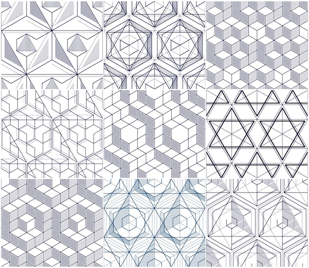 Geometryczne linie streszczenie bezszwowe wzory zestaw, kolekcja kostek tła wektor 3d. Technologia styl inżynierii rysowania linii niekończących się ilustracji.