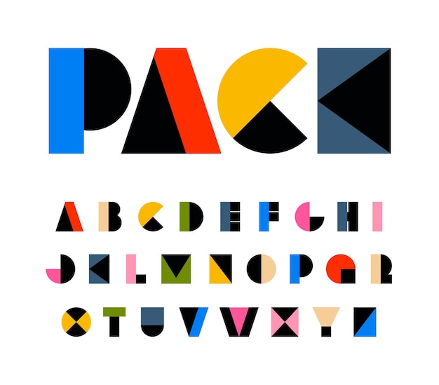Plik wektorowy geometryczne litery alfabetu w kolorze tęczy na festiwalowe kształty prymitywne karnawałowe czcionki urodzinowe