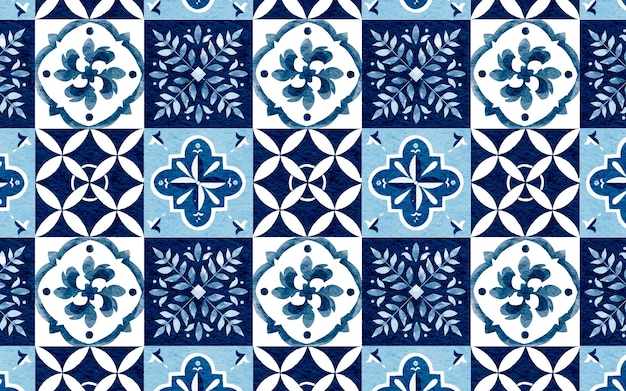 Geometryczne Marokańskie Niebieskie Kafelki Akwarela Projekt Ręcznie Rysowane Wzór