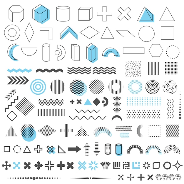 Geometryczne modne kształty zestaw 110 elementów, projekt memphis, elementy liniowe retro, szablony. Elementy wektorowe dla sieci, magazynu, ulotki, reklamy, banera komercyjnego, sprzedaży