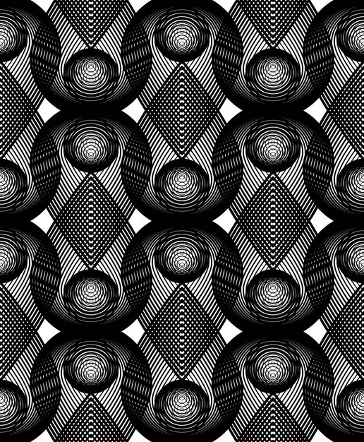 Geometryczne monochromatyczne paski nakładki bezszwowe wzór, czarno-białe tło wektor. Graficzne symetryczne tło z nakładającymi się geometrycznymi kształtami.