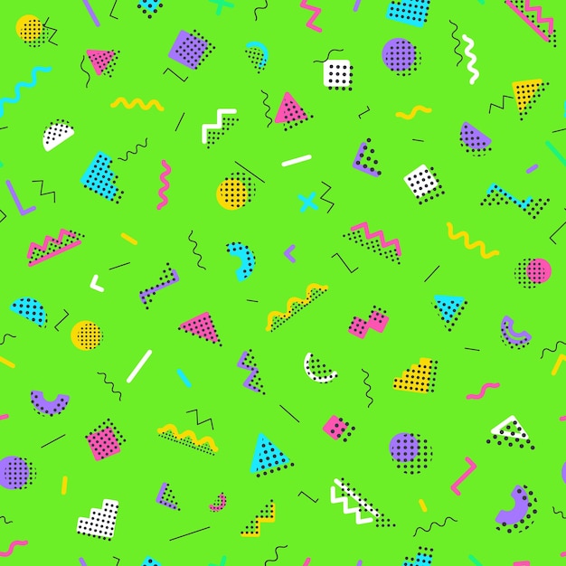 Geometryczny wzór bezszwy składający się z różnych kolorowych kształtów na zielonym tle Trendy Memphis styl Kolorowy geometryczny bezszwy wzór Hipster Memphis styl Ilustracja wektorowa