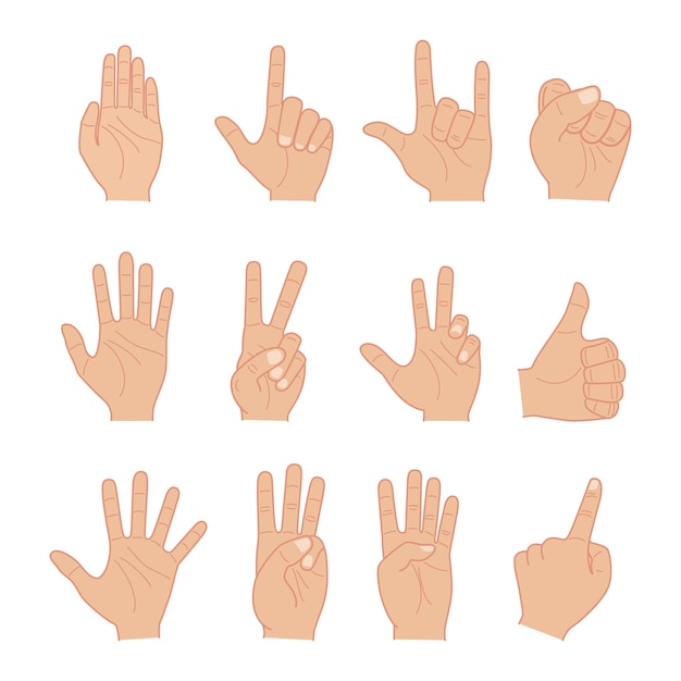 Gesty dłoni i kolekcje ilustracji wektorowych znaków płaska konstrukcja