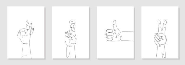 Gesty dłoni narysowane pojedynczą linią ustawiają minimalistyczne ludzkie dłonie ze znakiem podobnym do dwóch skrzyżowanych palców
