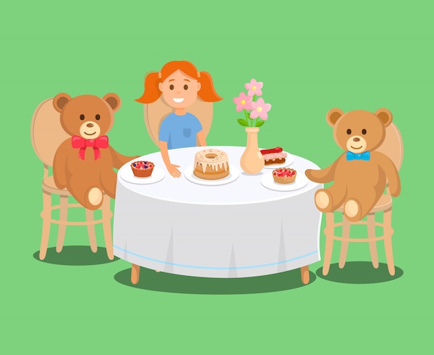 Girl Holds Plate With Pie, Bear Toys With Muffins.