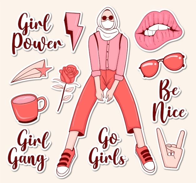 Girl Powers Stickers Kolekcja Z Ilustracją Dziewczyny I Niektórymi Elementami