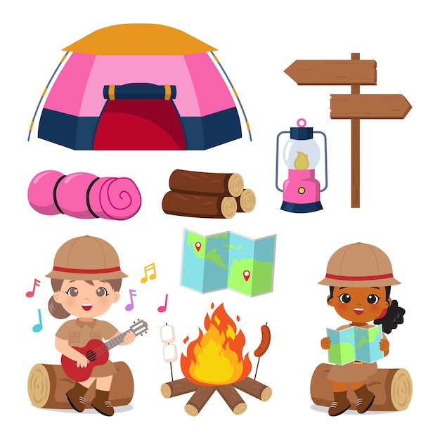 Girl Scout Camping Element Zestaw Obóz Letni Clipart Płaski Wektor Kreskówka Projekt