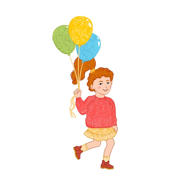 girl walks with a bunch of balloons colorful illustration