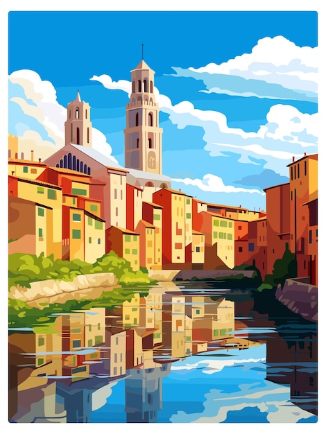 Girona Hiszpania Vintage Travel Poster Souvenir Postcard Portret Malarstwo Ilustracja Wpa