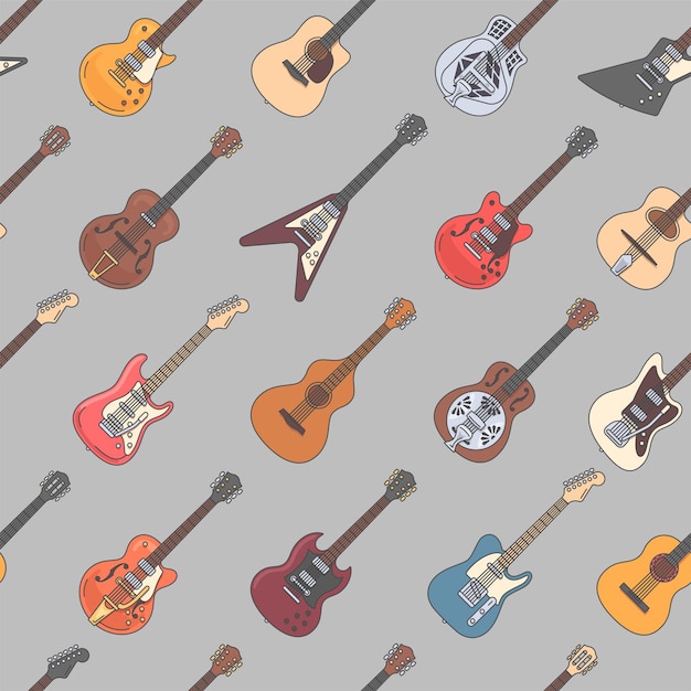 Gitara bez szwu wzór. Różne kolorowe zarys gitary akustyczne i elektryczne na szarym tle. Ilustracja wektorowa.