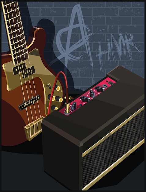 Gitara elektryczna i wzmacniacz na tle ceglanej ściany