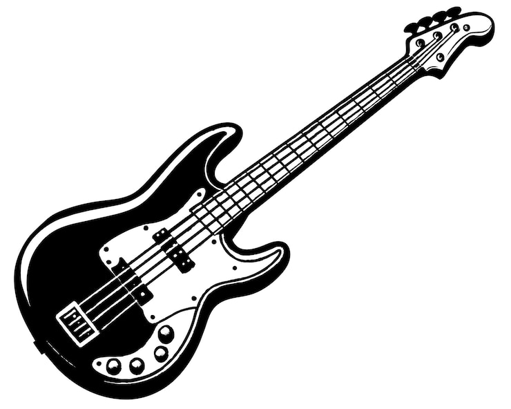 Wektor gitara, na której jest słowo "bas"