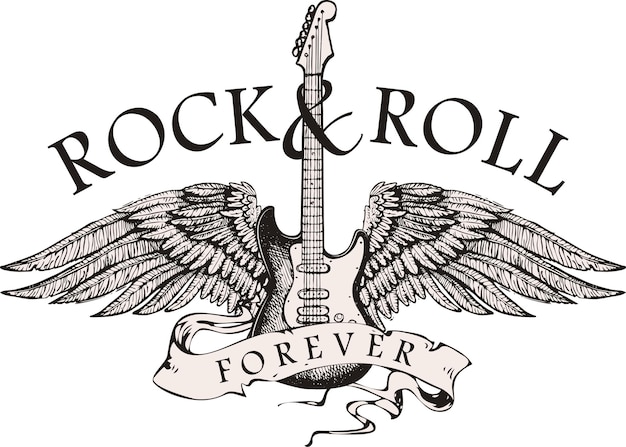 Plik wektorowy gitara rock and rolla ze skrzydłami i zespołami w stylu szkicu graficznego