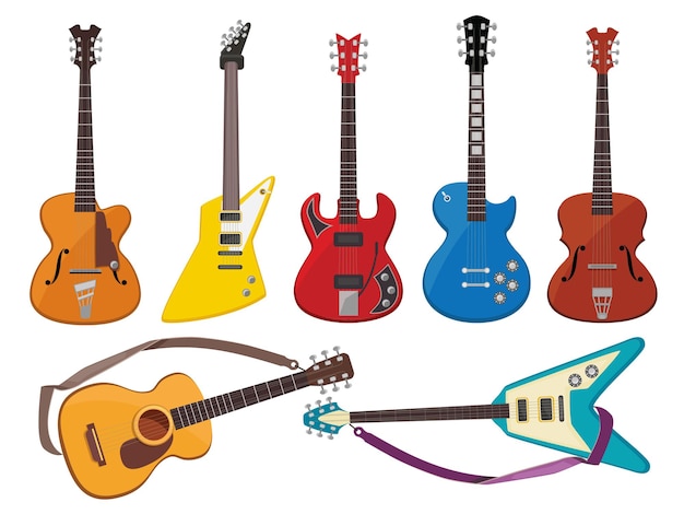 Gitary. Dźwięk Muzyki Gra Na Instrumentach Z Kolekcji Klasycznych Gitar Akustycznych I Rockowych.