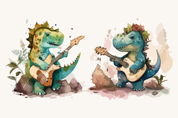 gitarzysta ładny dinozaur doodle, dinozaur dla dzieci z ilustracji wektorowych akwarela