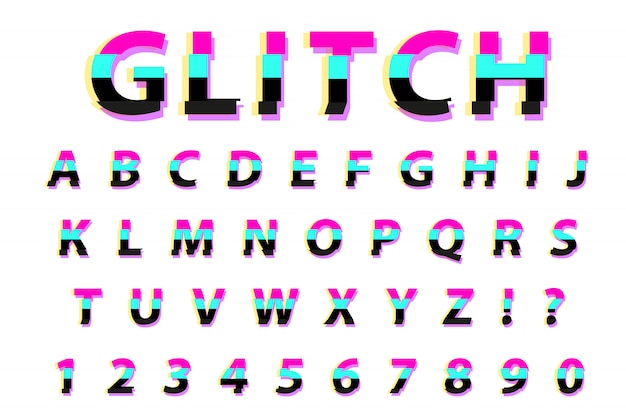 Glitch Typografia Szum Czcionki. Styl Czcionki Zniekształcony. Modna Interferencja Alfabetu łacińskiego Litery Od A Do Z. Na Białym Tle. Ilustracja.