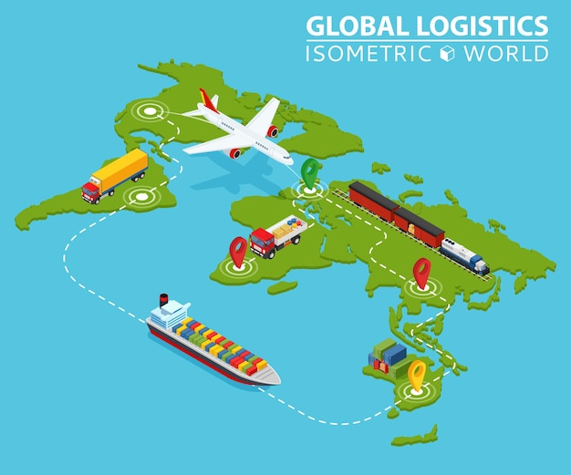 Globalna Logistyczna Izometryczna Plansza Pojazdu. Ship Cargo Truck Van Logistics Service.