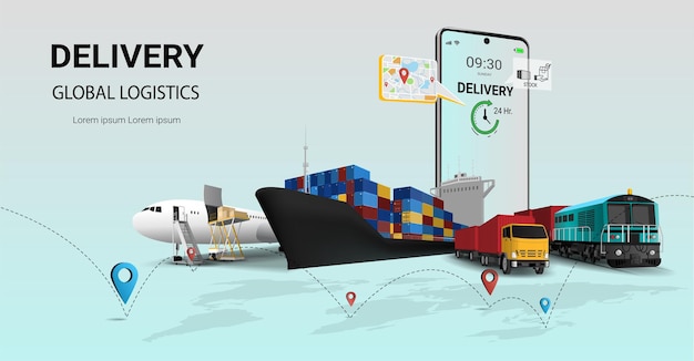 Globalna obsługa logistyczna dostaw biznesowych online na telefonie komórkowym Globalna obsługa logistyczna transport kolejowy Pociąg towarowy Statek towarowy samolot ciężarówka magazyn transport kontenerowy 3d Ilustracja wektorowa