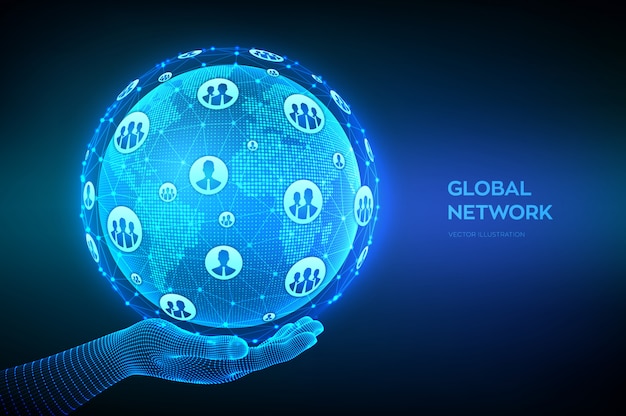 Globalne połączenie sieciowe. Kompozycja punktu i linii na mapie świata. Kula ziemska w ręku szkielet. Pojęcie globalnego biznesu.