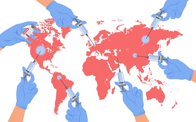 Plik wektorowy globalne szczepienie ochrony medycyny planety ziemia przed koncepcją koronawirusa. kreskówka lekarz ręce w rękawiczkach medycznych trzymając strzykawkę szczepionki i mapa świata