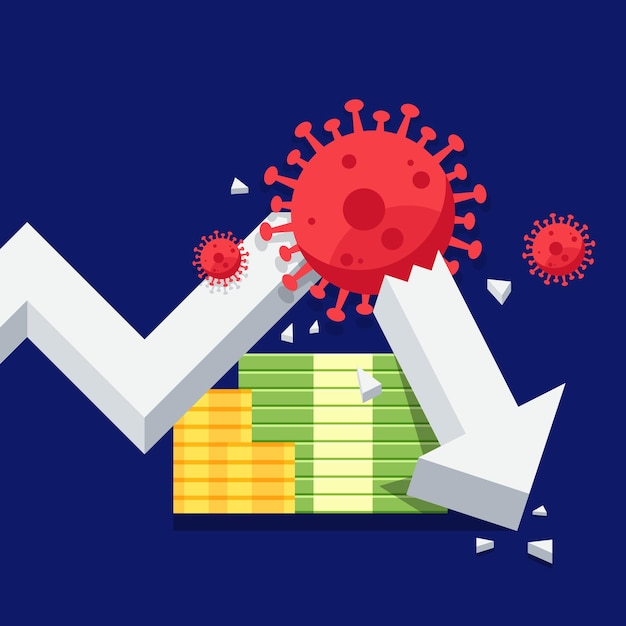 Plik wektorowy globalny kryzys gospodarczy spowodowany koncepcją epidemii covid19 dekoracyjną z wykresem giełdowym złamanym przez ilustrację wektorową stylu płaskiego koronawirusa