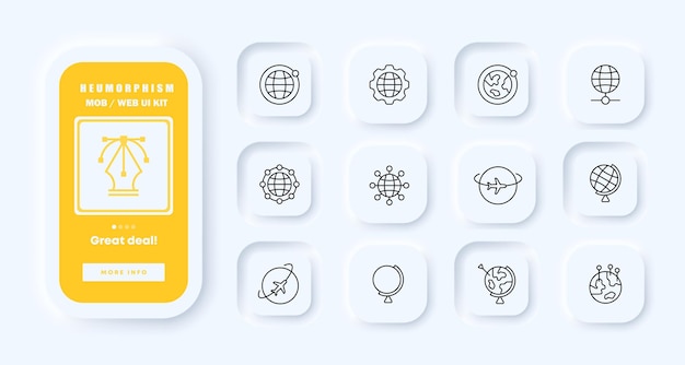 Globusy Dla Ikony Zestawu Nawigacyjnego Nawigator Docelowy Lot Samolot Mapa Podróż Geolokalizacja Satelita Bieg Wskaźnik Lokalizacji Wskaźnik Geografia Koncepcja Neomorfizm Ui Ekrany Aplikacji Telefonu Linia Wektorowa