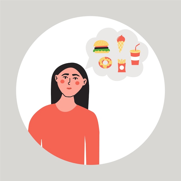 Głodna kobieta myśli o jedzeniu Kobieta marzy o fast foodach Ilustracja wektora płaskiego