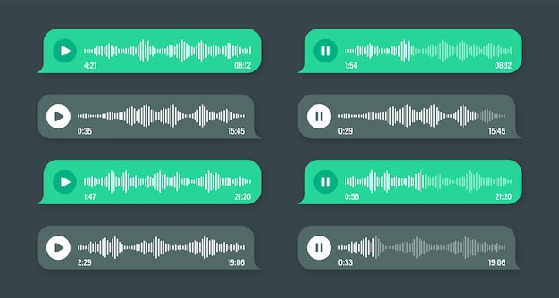 Plik wektorowy głosowa wiadomość audio zielony dymek ramka tekstowa sms czat w mediach społecznościowych lub rozmowa w aplikacji do przesyłania wiadomości rejestrator asystenta głosowego wzór fali dźwiękowej tryb ciemny ilustracja wektorowa