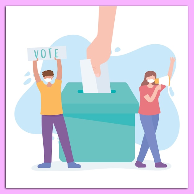 Plik wektorowy głosowanie i wybory kobieta z megafonem mężczyzna z papierem ręką umieścić głosowanie w pudełku