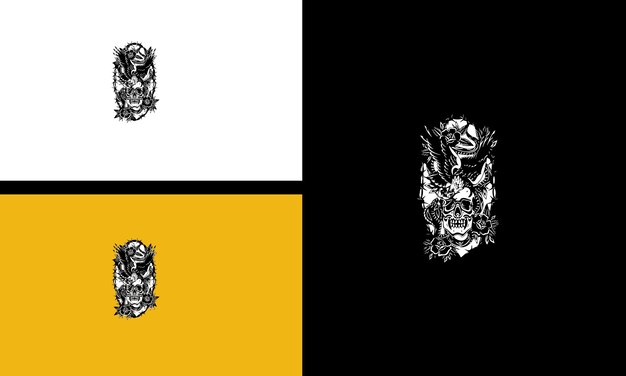 Głowa czaszki orzeł kobra i kwiaty wektor zarys projektu