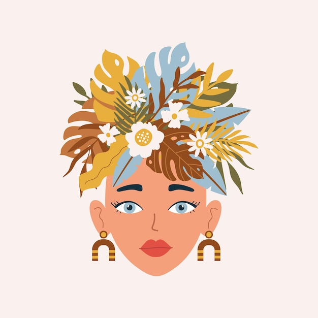 Plik wektorowy głowa kobiety z tropikalnymi liśćmi dżungli