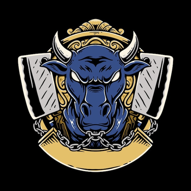 Głowa Krowy Lub Byka Z Logo Emblematu Noża Rzeźniczego Wektor Premium