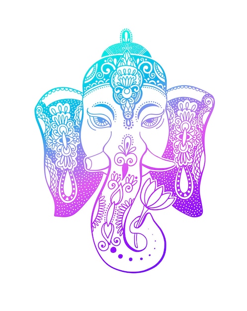 Plik wektorowy głowa pana ganesha z lotosem rysującym indyjski duch zwierzęcy tatuaż słonia lub projekt jogi