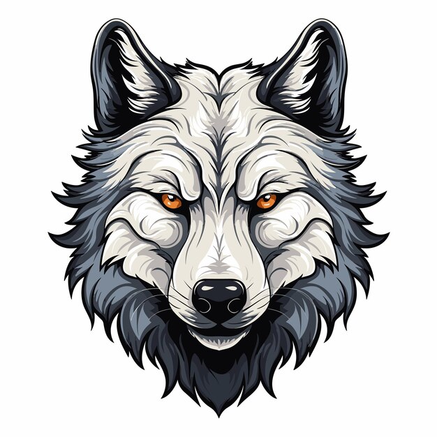 Głowa wilka z pomarańczowymi oczami i czarną grzywą na białym tle