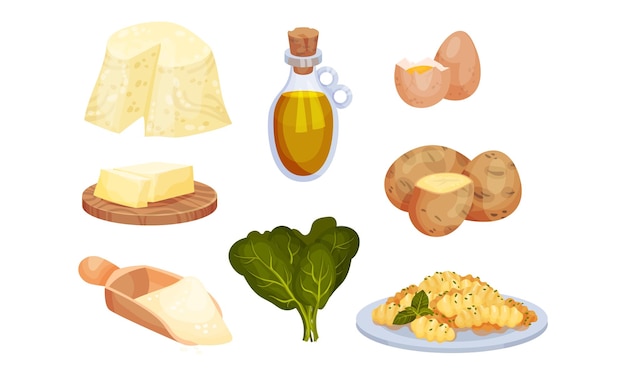 Gnocchi Ingredients with Butter and Eggs Vector Set (Zestaw wektorowy gnocchi z masłem i jajkami)