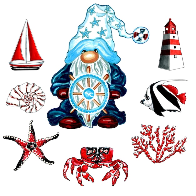 Plik wektorowy gnom z akcesoriami morskimi koloru czerwonego wektorowa ilustracja eps