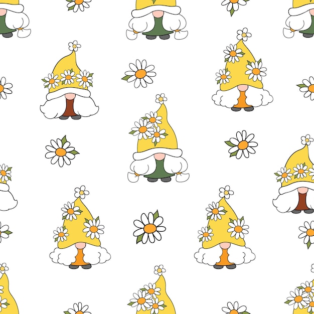Gnome Stokrotki Bez Szwu Tła Na Lato I Wiosnę Doodle Stylu Cartoon