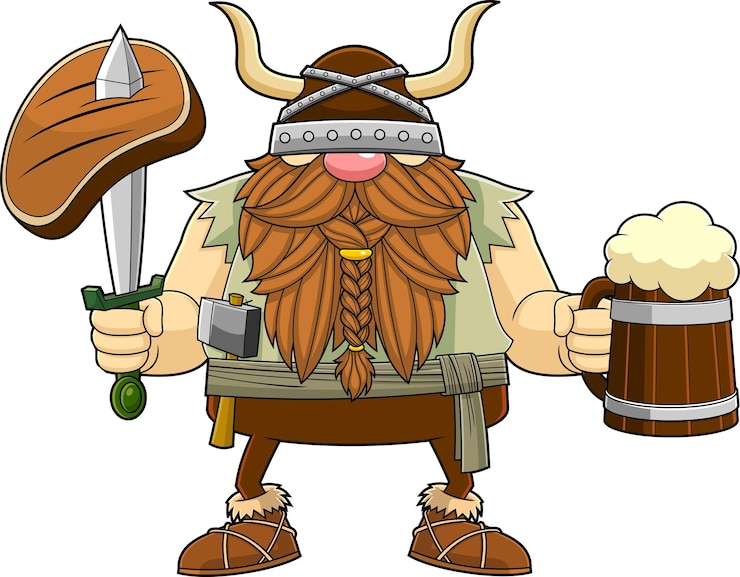 Wektor gnome viking warrior postać z kreskówki trzymająca miecz ze stekiem i kuflem piwa