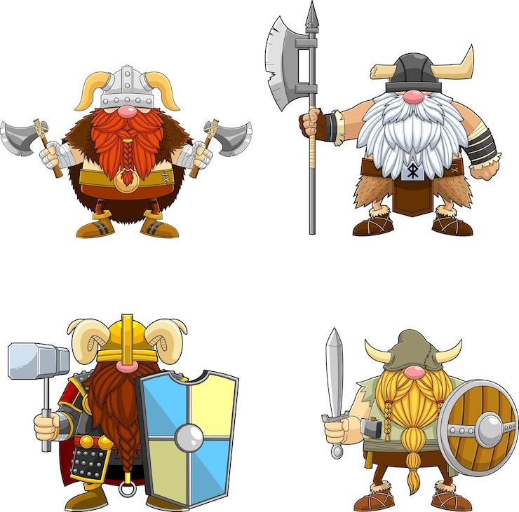 Wektor gnome viking wojownik postać z kreskówki wektor ręcznie rysowane kolekcja zestaw