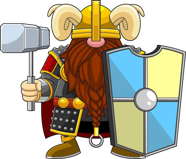 Gnome Viking Wojownik Postać Z Kreskówki Z Młotkiem I Tarczą Wektor Ręcznie Rysowane Ilustracji