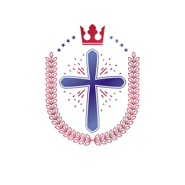 Plik wektorowy godło dekoracyjne christian cross. heraldyczny element projektu wektora skomponowany z wieńcem laurowym i koroną cesarską. etykieta w stylu retro, logo heraldyka, symbol religijny vintage.