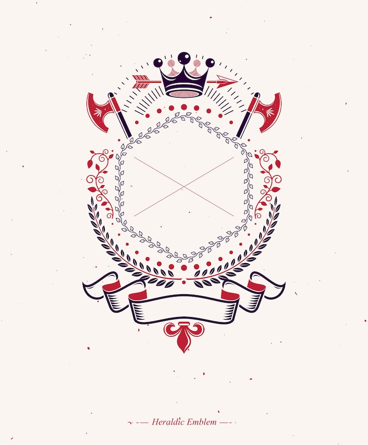 Wektor godło graficzne wykonane z elementem korony królewskiej, inną zbrojownią i elegancką wstążką. herb heraldyczny ozdobny logo na białym tle ilustracji wektorowych.