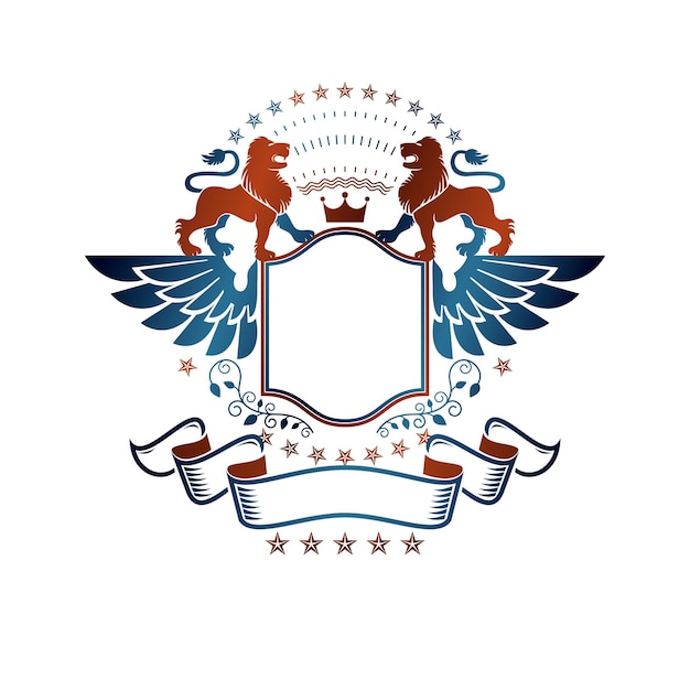 Godło Graficzne Z Heraldycznym Elementem Lwa, Królewską Koroną I Ptasimi Skrzydłami. Heraldyczny Herb Ozdobne Logo Na Białym Tle Ilustracji Wektorowych.