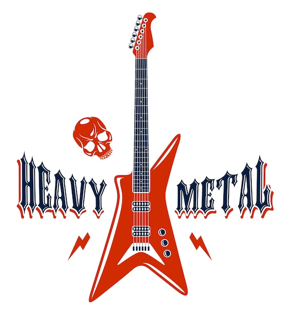 Plik wektorowy godło heavy metal z wektorem logo gitary elektrycznej, etykietą festiwalu koncertowego lub klubu nocnego, ilustracją motywu muzycznego, sklepem z gitarą lub nadrukiem na koszulce, znakiem zespołu rockowego ze stylową typografią.